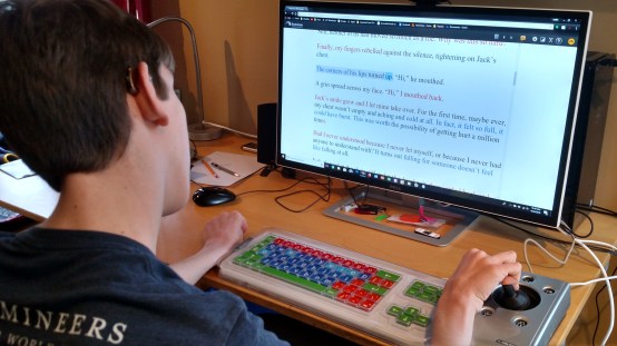 Justin looking at computer monitor with hand on joystick mouse