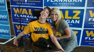Justin with reporter Noelle Anderson smiling