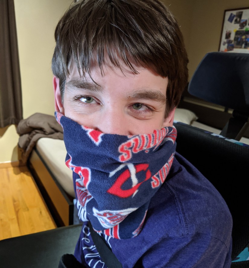 Justin with mask on face