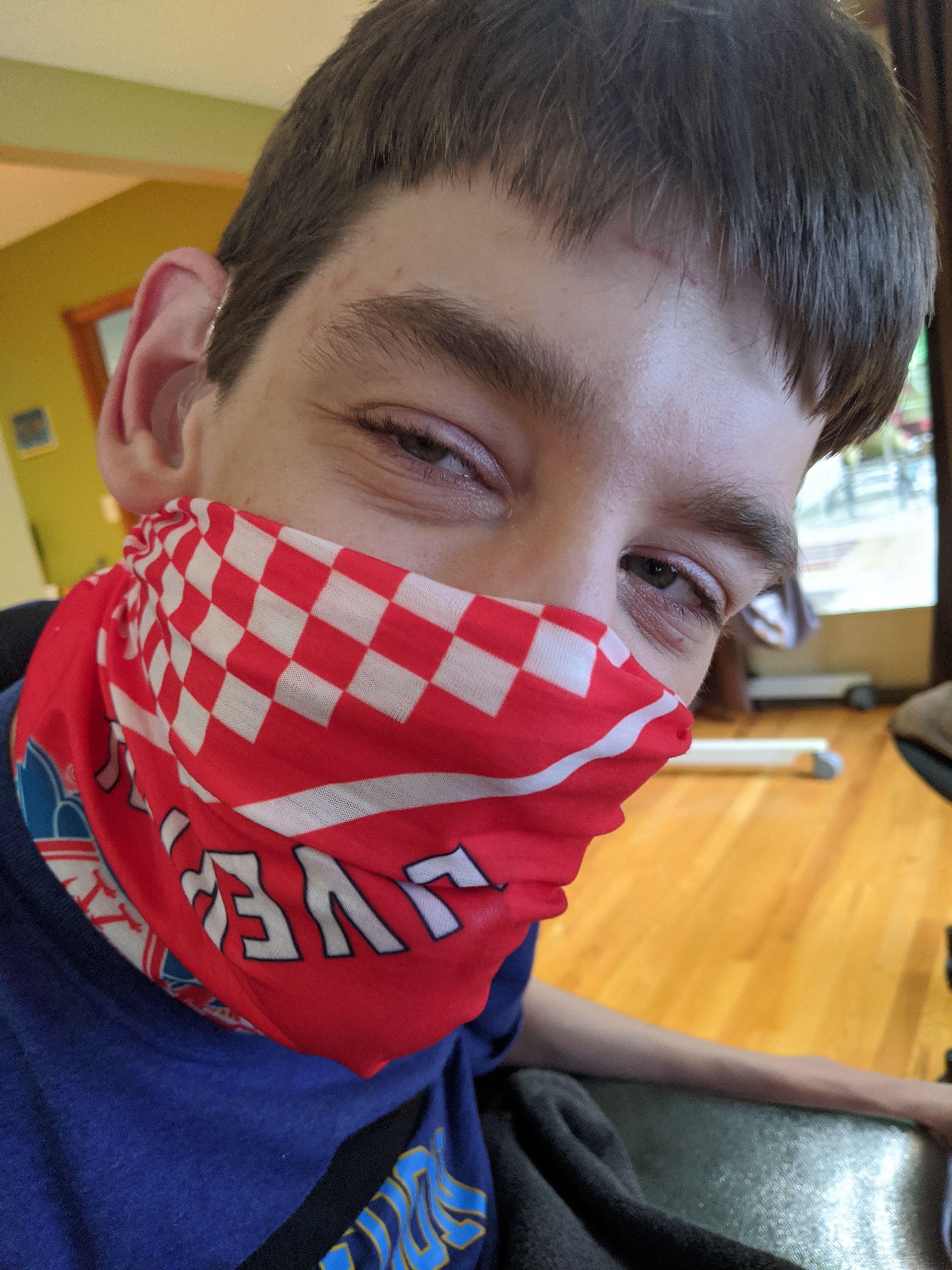 Justin with Liverpool soccer mask