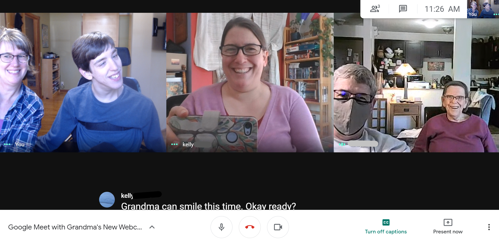 Google Meet screenshot with Justin and mom, smiling woman, masked dad with grandma