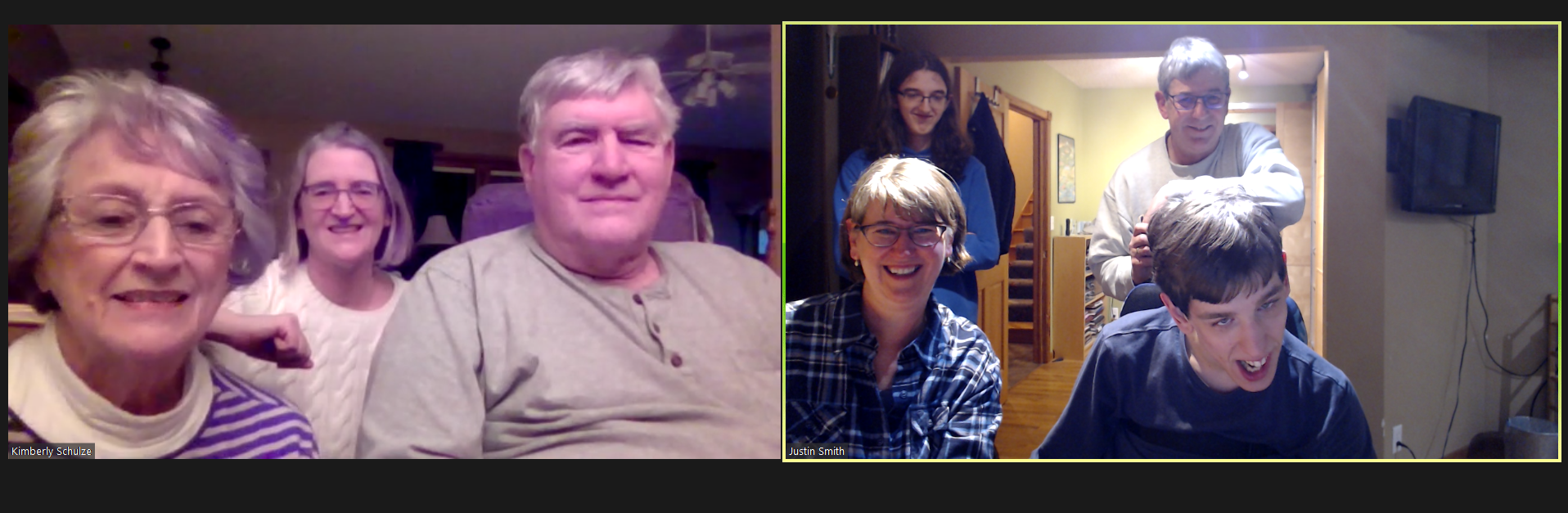 Zoom call screenshot with grandparents and aunt, and Justin with mom, dad, and brother