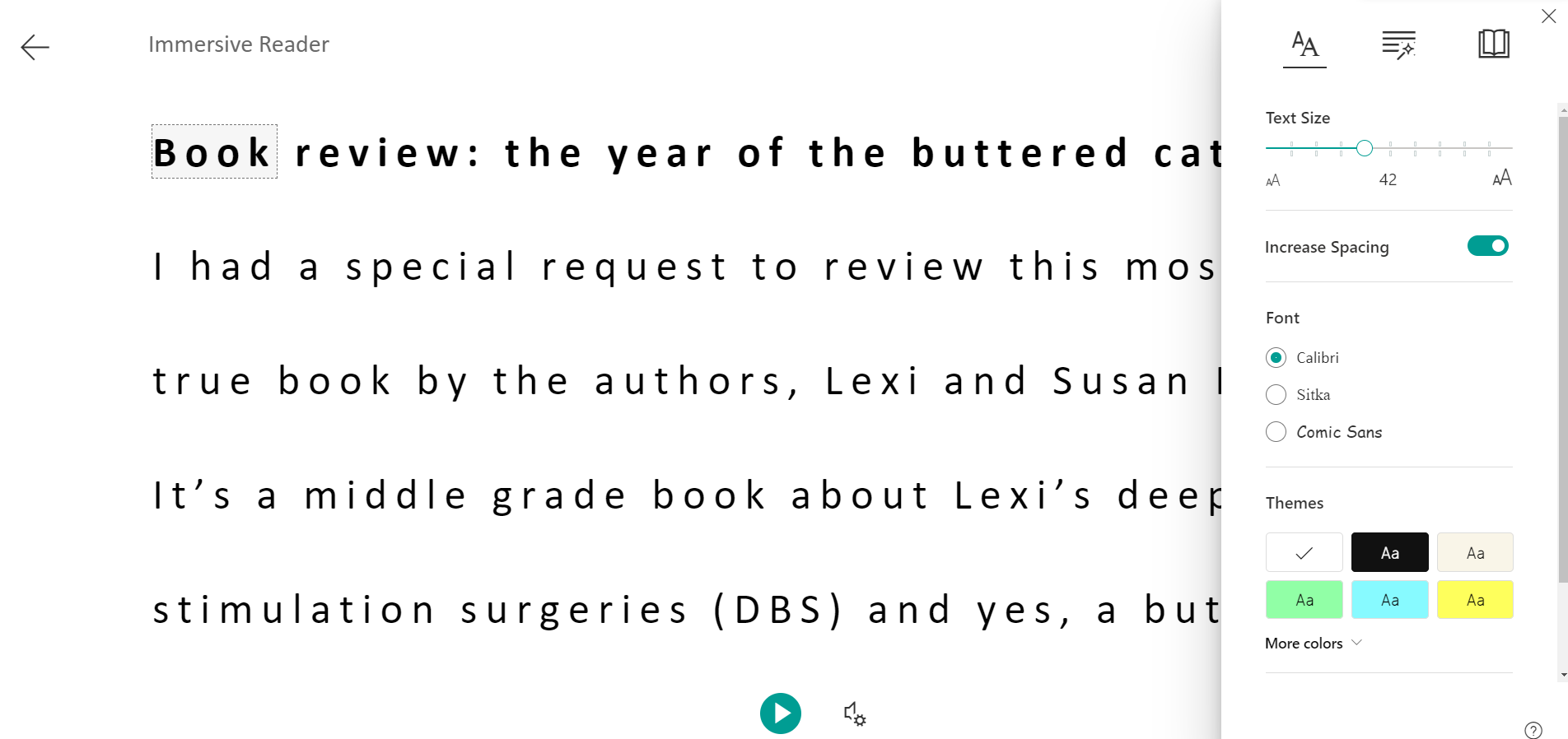 Immersive Reader in Word Online with Text menu options expanded