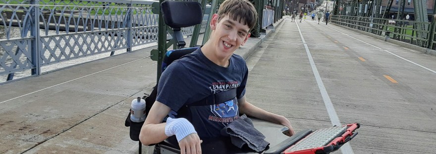Justin in wheelchair on Stillwater Lift Bridge