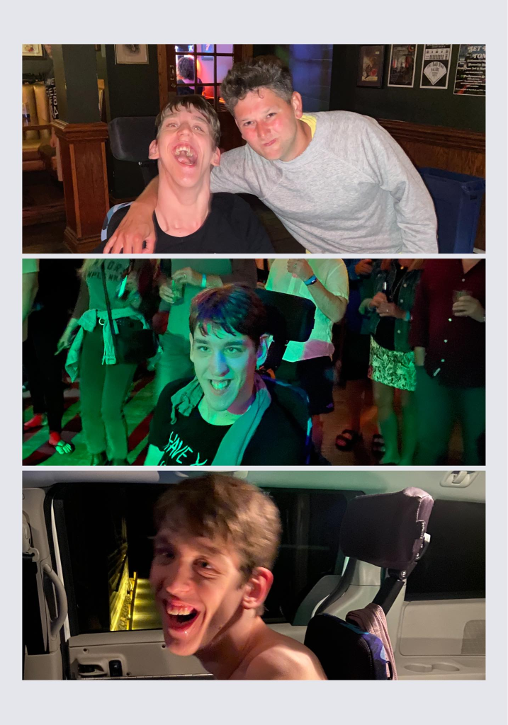 3 picture collage, Justin in wheelchair with lead singer from the Bad Man who has arm around Justin's shoulder, Justin smiling in crowded dance floor with wet towel around shoulder, Justin in his wheelchair in van with shirt off looking tired and smiling
