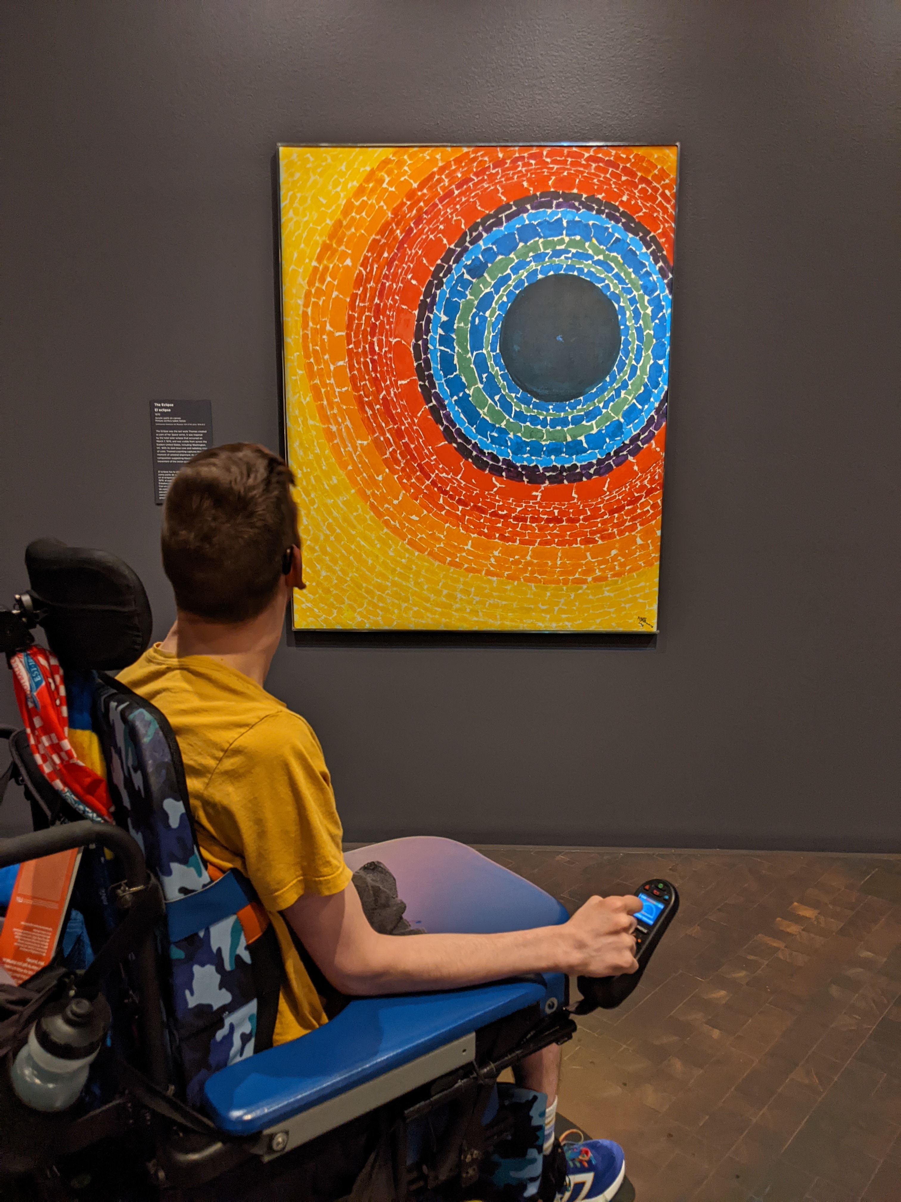 Justin in power wheelchair looking at art in museum
